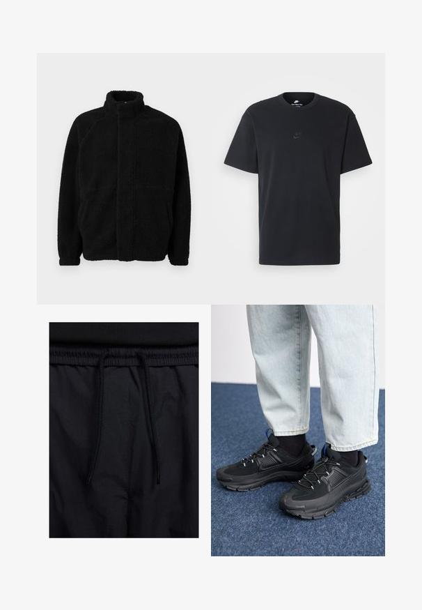 Schwarze Fleecejacke mit hohem Kragen, Reißverschluss vorne, zwei seitlichen Taschen, strukturiertem Material und Raglanärmeln. Einfaches, schlichteres Design.; Schwarzes Baumwoll-T-Shirt von Nike mit klassischem Rundhalsausschnitt, kurzen Ärmeln und einem dezenten, geprägten Logo auf der Brust. Glatte Textur.; Schwarze Shorts mit einem Kordelzugbund, leichtem Stoff mit glatter Textur und einem schlichten Design ohne sichtbare Logos oder Muster.; Schwarze Sportschuhe aus strukturiertem Stoff mit Gummisohlen, ausgestattet mit elastischen Schnürsenkeln und einem blauen Akzent an der Ferse. Getragen mit hellen Jeans.