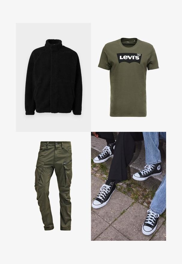Mustat fleece-takki korkealla kauluksella, vetoketjukiinnitys, kaksi sivutaskua, teksturoitu materiaali ja raglan-hihat. Yksinkertainen, koristelematon muotoilu.; Oliivinvihreä puuvillapaidan t-paita, jossa on suuri musta Levi's-logo edessä. Klassinen pyöreä kaula-aukko ja lyhyet hihat, sileä tekstuuri.; Vihreät kangashousut, jotka on valmistettu kestävästä puuvillasta. Ominaisuuksiin kuuluvat useat taskut, vetoketjulla varustettu sivutasku sekä kapenevat lahkeet, joissa on hieman teksturoitu pinta.; Mustat korkeat kangaslenkkarit, joissa on valkoiset kumipohjat ja nauhat, sivussa on pyöreä logo, ja ne on yhdistetty farkkuihin ja mustiin housuihin.