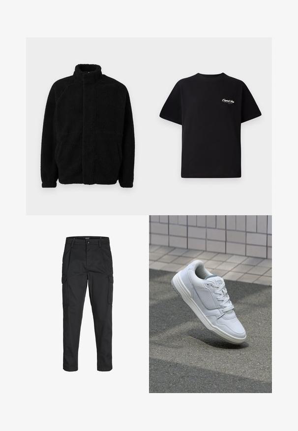 Zwarte fleece jas met hoge kraag, rits aan de voorkant, twee zijzakken, gestructureerd materiaal en raglanmouwen. Eenvoudig, ongecompliceerd ontwerp.; Zwarte katoenen t-shirt met een ronde hals, korte mouwen en kleine witte logo-tekst op de linkerkant van de borst. Eenvoudig ontwerp, klassieke pasvorm.; Zwarte cargobroek van stevig stof, met meerdere zakken, een knoopsluiting en een slim fit ontwerp met taps toelopende benen.; Witte lederen sneaker met geperforeerde zijkanten, gestructureerde accenten, platte veters en een contrasterende grijze hiel. Voorzien van een iets verhoogde zool.