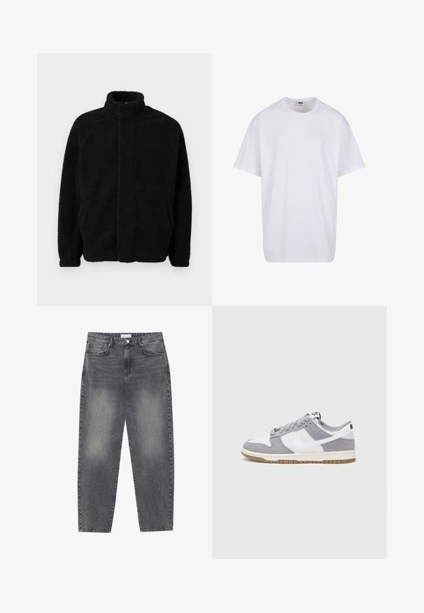 Čierna fleecová bunda s vysokým golierom, zipsom vpredu, dvoma bočnými vreckami, textúrovaným materiálom a raglanovými rukávmi. Jednoduchý, nezdobený dizajn.; Biela bavlnená tričko s krátkymi rukávmi, okrúhlym výstrihom, uvoľneným strihom a žiadnymi viditeľnými logami alebo vzormi. Hladká textúra a minimálny dizajn.; Vysoké, voľné džínsy z vyblednutého čierneho denimu. Obsahujú päť vreciek, pútka na opasok a čistý, rovný strih nohavíc.; Sivé a biele tenisky s vrchom z semišu a kože, zaoblenou špičkou, plochými šnúrkami a gumovou podrážkou s akcentom vo farbe gumy.
