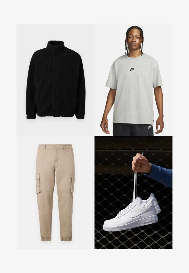 Mustat fleece-takki korkealla kauluksella, vetoketjukiinnitys, kaksi sivutaskua, teksturoitu materiaali ja raglan-hihat. Yksinkertainen, koristelematon muotoilu.; Nuori henkilö, jolla on letitetyt hiukset, pukeutuneena vaaleanharmaaseen Nike T-paitaan ja mustiin Nike-shorteihin valkoista taustaa vasten.; Beige cargo-housut kevyestä puuvillamateriaaliesta. Omistaa elastiset hihnat, useita sivutaskuja ja nappisuljin.; Valkoiset nahkasneakersit, joissa on rei'ityksiä, pyöreä kärki, tasapohja ja paksut nauhat, joissa on näkyvä swoosh-logo ja "AIR" kantapäässä.
