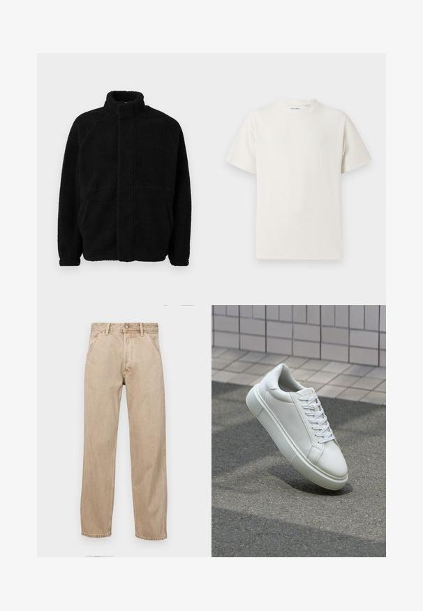 Crna dukserica od flisa s visokim ovratnikom, zatvaranjem na patentni zatvarač sprijeda, dva bočna džepa, teksturirani materijal i raglan rukavi. Jednostavan, neukrašen dizajn.; Bijela kratka majica s kratkim rukavima u rebrastoj teksturi. Okrugli izrez, ležeran kroj, bez vidljivih uzoraka ili akcenta. Jednostavan i svestran dizajn.; Bež teksas traperice ravnog kroja, s prednjim džepovima, metalnim zakopčavanjem i suptilnom teksturom.; Bijela kožna tenisica s glatkom površinom, okruglim vrhom i ravnim bijelim vezicama. Ima teksturiran gumeni potplat i minimalne dizajnerske elemente.