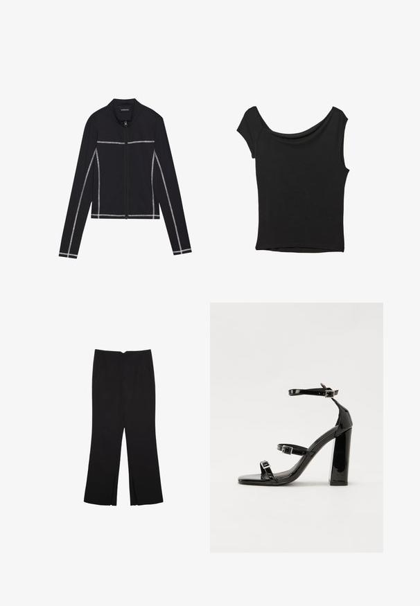 Even&Odd Felpa con zip - black; Top nero a maniche corte realizzato in tessuto liscio; presenta un colletto drappeggiato e un orlo asimmetrico, con una vestibilità aderente.; Pantaloni neri a gamba dritta, con tasche frontali e spacchi laterali all'orlo. Realizzati in tessuto morbido e liscio. Adatti a diverse occasioni.; Sandali con tacco in vernice nera, con punta squadrata, cinturini alla caviglia e fibbie in argento. Presentano un tacco a blocco spesso per maggiore stabilità.