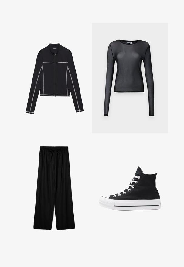 Even&Odd Felpa con zip - black; Maglietta nera a maniche lunghe realizzata in materiale trasparente, con scollatura rotonda e vestibilità aderente, con orli finemente rifiniti.; Pantaloni neri a gamba larga realizzati in tessuto leggero, con una vita elastica e un cordino per una vestibilità regolabile. Texture liscia.; Sneaker alta nera in tela con occhielli e lacci bianchi e suola in gomma. Presenta un punta testurizzata e accenti a strisce bianche e nere.