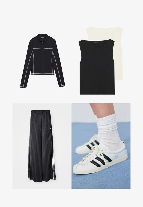 Even&Odd Sudadera con cremallera - black; Top sin mangas en negro y crema, hechos de algodón, con cuellos redondos y una textura suave, apilados con etiquetas visibles.; Pantalones negros de pierna ancha con rayas blancas verticales, cinturilla elástica y tres rayas blancas a lo largo del lado. Logo de Adidas en la parte frontal.; Zapatillas de cuero blancas con rayas negras, suela crema y cordones claros. Llevadas con calcetines blancos acanalados, situadas sobre un fondo azul.