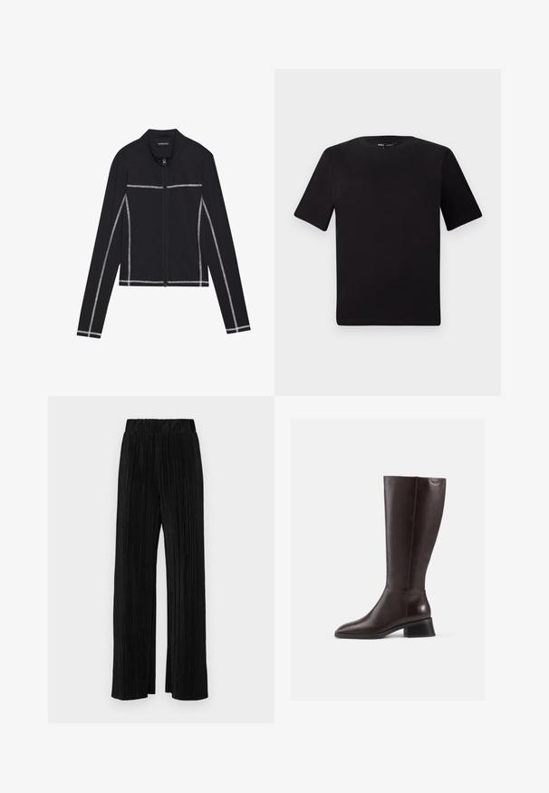 Even&Odd Lukuga pusa - black; Must olema lühikeste varrukatega must t-särk ümmarguse kaelusega, valmistatud pehmest puuvillast kangast. Lihtne disain, ilma nähtavate logode või mustriteta.; Mustad pleekitud püksid elastse vöökohtaga. Omavad laiad jalad ja sujuvat, tekstureeritud kangast vertikaalsete triipudega.; Põlvikud pruunist nahast, ulatudes põlvedeni, siledaga viimistlusega, ümarate varvastega ja musta kiilukontsaga. Lihtne disain koos minimaalsete riistvaradetailidega.