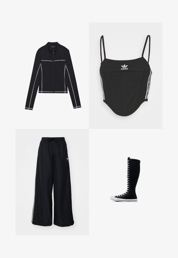 Even&Odd Lukuga pusa - black; Must mustriba top mustaks, reguleeritavate õhukeste kinnitustega, millel on külgedel kolm valget triipu ja keskel väike valge Adidas'i logo.; Mustad must laiad püksid, mis on valmistatud kergest kangast. Omavad elastset vöökohta tõmblukuga ja valget külgtriipu. Brändi logo puus.; Mustad mustad ketsid, millel on pikk disain, valmistatud kanvasest. Omavad valgeid paelu, õmblusi ja kummist tallat, millel on varbapatja kate.