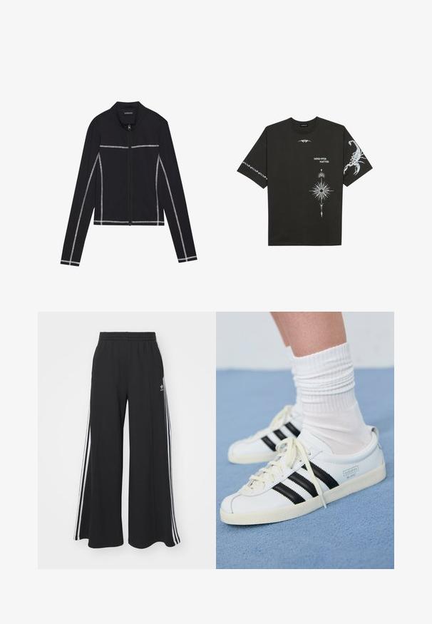 Even&Odd Zip-up sweatshirt - black; Black cotton t-shirt featuring white graphic prints, including a scorpion and abstract designs. Short sleeves; round neckline.; Black wide-leg sweatpants with an elastic waistband, featuring white side stripes and an embroidered logo on the left thigh.; White leather sneakers with black stripes, cream outsole, and light laces. Worn with white ribbed socks, positioned on blue background.