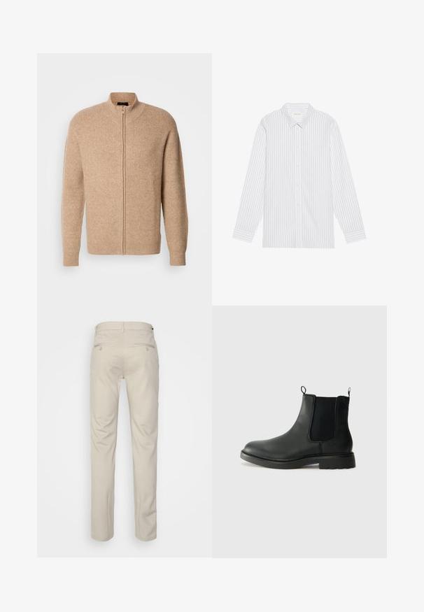 Maglione beige a coste con colletto alto e zip frontale. Presenta maniche lunghe e una vestibilità casual, realizzato in un materiale morbido e testurizzato.; Camicia bianca con sottili righe verticali nere, dotata di colletto classico e maniche lunghe con polsini abbottonati.; Pantaloni beige con una texture liscia, taglio dritto, due tasche posteriori con bottoni e vita standard.; Stivali Chelsea in pelle nera con pannelli laterali elasticizzati, linguette, punta arrotondata e suola in gomma testurizzata. Superficie liscia e design robusto.