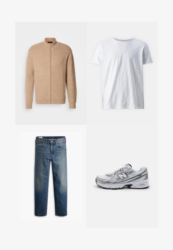 Beige Rippstrick-Pullover mit hohem Kragen und vorderem Reißverschluss. Mit langen Ärmeln und einer lässigen Passform, hergestellt aus einem weichen, strukturierten Material.; Weißes Kurzarm-T-Shirt aus leichtem Stoff. Rundhalsausschnitt mit glatter Textur und ohne sichtbare Muster oder Akzente.; Dunkelblaue Jeans aus Denim mit lockerem Sitz, geraden Beinen, Fünf-Taschen-Design und dezentem Used-Look an den Oberschenkeln. Silberner Knopf und Nieten.; New Balance Sportschuh mit einem Mesh-Obermaterial, überwiegend weiß mit grauen und marineblauen Akzenten, ausgestattet mit einer gepolsterten Sohle und strukturierten Details.