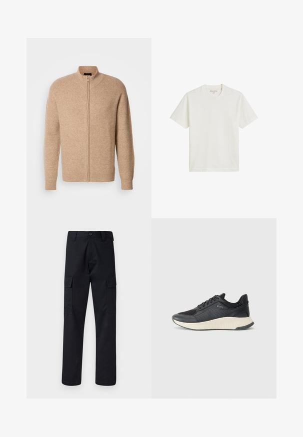 Beige Rippstrick-Pullover mit hohem Kragen und vorderem Reißverschluss. Mit langen Ärmeln und einer lässigen Passform, hergestellt aus einem weichen, strukturierten Material.; Baumwoll-T-Shirt in Off-White, mit Rundhalsausschnitt und kurzen Ärmeln, ausgestattet mit einem geraden Saum und minimaler Markenkennzeichnung auf dem Etikett.; Schwarze Cargo-Hose aus robustem Stoff, mit geradem Bein, zwei Seitentaschen und einem Knopfverschluss am Bund.; Schwarzer athletischer Sneaker mit einem Obermaterial aus Mesh mit Perforationen, einer strukturierten Zwischensohle in Creme und einer Gummisohle für besseren Halt.