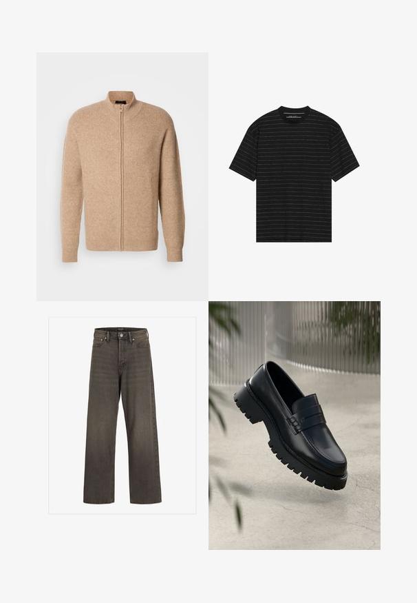 Beige rib-knit sweater with high collar and front zipper. Features long sleeves and a casual fit, made from a soft, textured material.; Black short-sleeve t-shirt featuring thin white horizontal stripes. Made from soft fabric with a crew neckline and relaxed fit.; Wide-leg jeans in dark grey denim, featuring a high waist, classic five-pocket design, and contrasting stitching along the seams.; Black leather loafers with a chunky tread sole, featuring a decorative strap and stitching detail. Smooth texture with a polished finish.