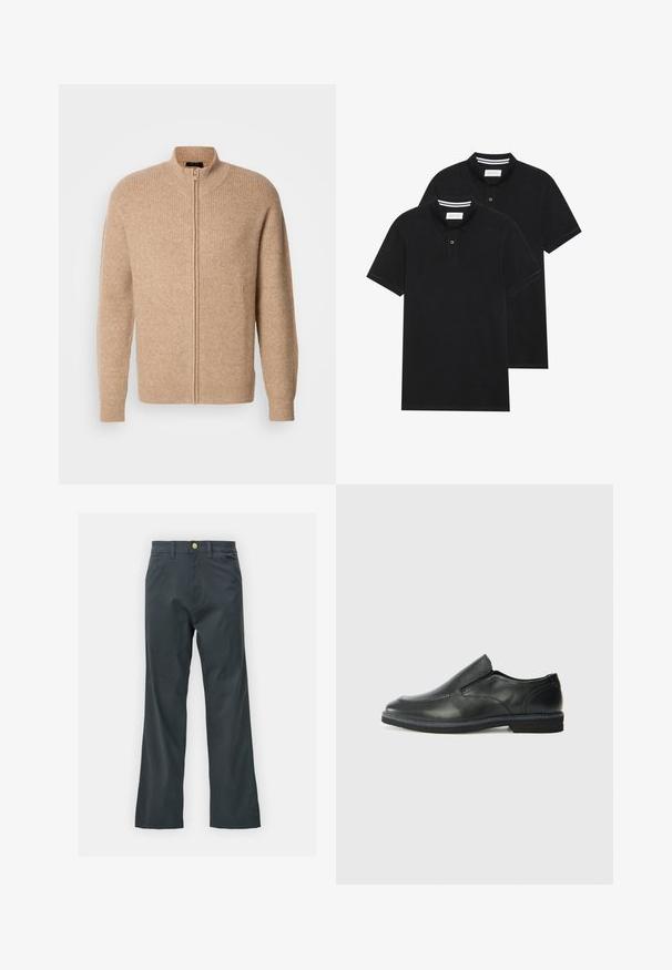 Pull en maille côtelée beige avec un col haut et une fermeture éclair à l'avant. Comprend des manches longues et une coupe décontractée, fabriqué à partir d'un matériau doux et texturé.; Deux polos noirs, à manches courtes, en coton, avec un col classique, une patte de boutonnage à deux boutons, et des accents rayés blancs à l'intérieur du col.; Pantalons noirs avec une coupe droite, en tissu mélangé coton. Présentent une fermeture à bouton en métal et des poches latérales. Pas de motifs visibles.; Chaussure slip-on en cuir noir avec une tige lisse, des accents cousus, un bout arrondi et un petit talon en caoutchouc. La semelle présente un profil de traction minimal.