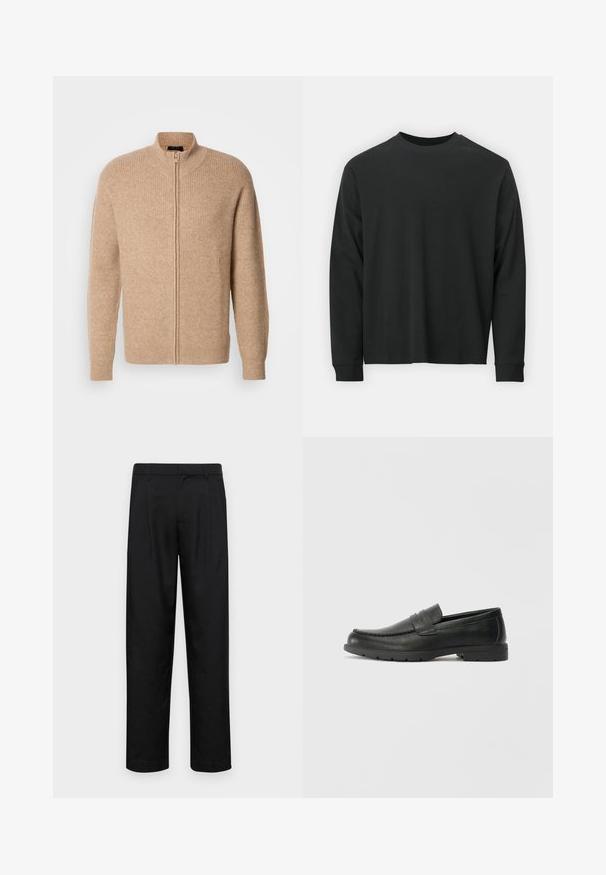 Kreemjas soonikuga sviiter kõrge kaeluse ja esi tõmblukuga. Omab pikki varrukaid ja labaseid lõiget, valmistatud pehmest ja tekstureeritud materjalist.; Pika pikkade varrukatega must T-särk, mis on valmistatud puuvillast, ümarate kaelustega, lohvaka lõikega ja soonikute mansettidega. Sujuv tekstuur, ilma nähtavate mustriteta.; Mustad mustadest riietest, millel on sirge jalgade disain, kaks eesmist voltimist ja tavaline vöökoht, millel on vöökohad.; Musthave nahkkingad siledast nahast, mokassiini stiilis ülevalt, tikanditega ja kummist tallaga. Klassikaline disain madala kontsaga.