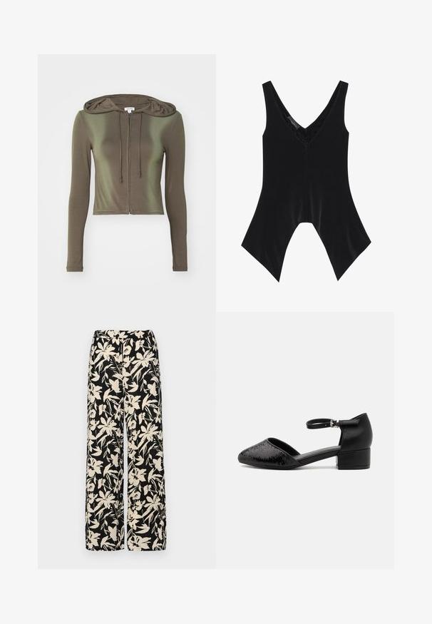 Jaded London ZIP THROUGH HOODIE - Tréning dzseki - brown; Fekete ujjatlan felső V-nyakkal, csipkebetéttel a nyakvonalon és egyedi, harang alakú szegélydizájnnal. Puha, sima anyagból készült.; Fekete, bő szárú nadrág krém színű virágmintával. Könnyű anyagból készült, sima tapintású és magas derékrésszel rendelkezik.; Fekete bokapántos cipő, hegyes orral, texturált felsőrésszel és alacsony tömbsarkal a stabilitás érdekében. Az anyaga puha bőr és szintetikus szövet keveréke.
