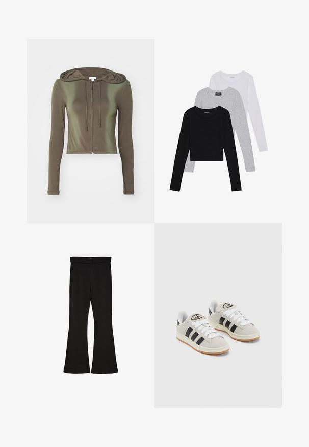 Jaded London ZIP THROUGH HOODIE - Jakna za treniranje - brown; Tri dugih rukava posložena: crna, siva i bijela. Svaka ima okrugli izrez i skrateni kroj s glatkom, laganom tkaninom.; Crne hlače na tregere od rastezljivog materijala. Imaju širok pojas i glatku teksturu, s uskim krojem koji se širi na rubu.; Sive suede tenisice s bijelim vezicama, crnim prugama i bijelim gumiranim potplatom. Imaju kružni logo na jeziku i gumeni potplat.