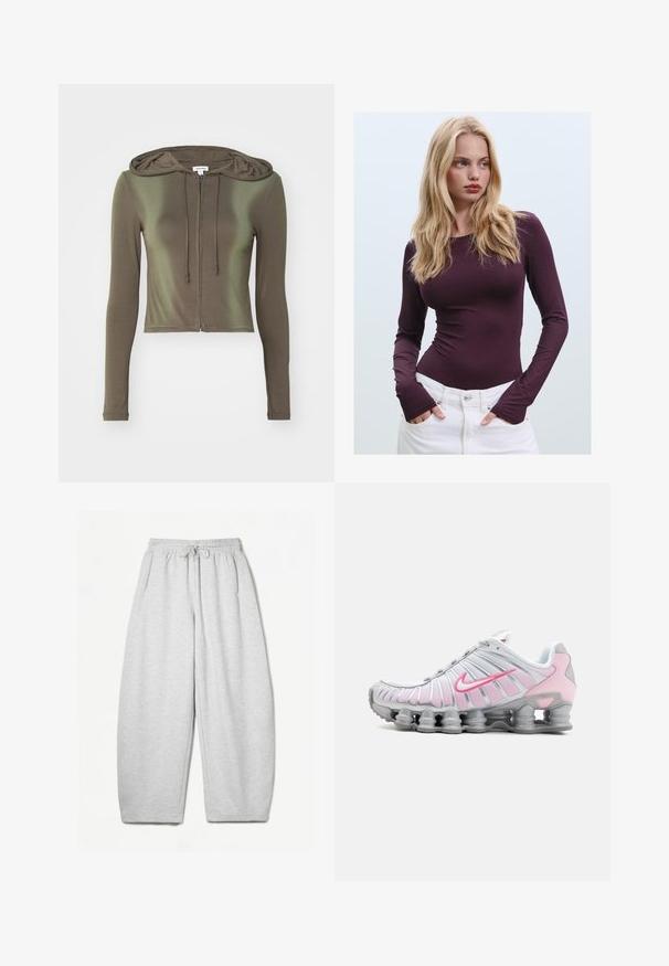 Jaded London ZIP THROUGH HOODIE - Tréningová bunda - brown; Burgundská dlhá rukávová priliehavá blúzka s okrúhlym výstrihom a otvorom na palec, skombinovaná s bielymi nohavicami s vysokým pásom. Hladká tkanina a elastická štruktúra.; Svetlošedé tepláky s voľným strihom, elastickým pásom, šnúrkou a bočnými vreckami; vyrobené z mäkkej, štruktúrovanej látky.; Nike športová obuv v bielej a svetloružovej farbe. Má sieťovinový zvršok a charakteristickú zakrivenú podrážku s viditeľným vzduchovým odpružením.