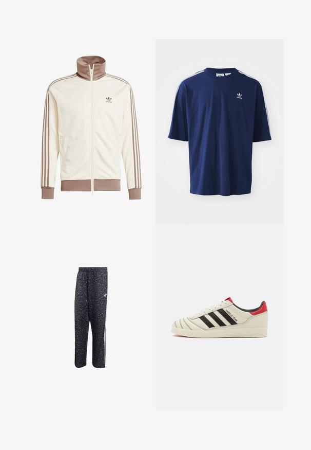 Krem jakna s visokom ovratnikom, zatvaranjem na patentni zatvarač i smešnim naglascima. Ima rukave sa smešnim trakama i reljefni logo na grudima.; Tamno plava pamučna majica kratkih rukava, okrugli izrez, s tri bijele pruge na ramenima i malim bijelim logom na prsima.; Crne sportske hlače s uzorkom leopard tiska, s bijelim dizajnom u tri pruga i logotipom sportske marke sa strane.; Kremaste kožne tenisice s crnim prugama, crvenim detaljima na petama i teksturiranim elementima. Imaju gumeni đon i vezanje na vezice.