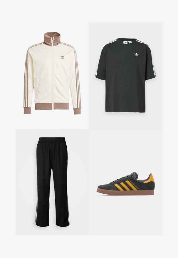 Kreem värvi spordijakk kõrge kaelusega, lukuga ja pruunide detailidega. Omab pruuni triibuga varrukaid ja reljeefset logo rinnal.; Mustast puuvillast lühikeste varrukatega t-särk, ümmarguse kaelusega ja valgete kolmetriipudega õlgadel. Rinnal on väike valge logo.; Mustad mustad spordipüksid elastse vöökohaga, millel on valged küljeread ja väike logo. Materjal tundub pehme ja kerge.; Mustad sametist spordijalatsid kollaste aktsentidega, millel on kolm triipu ja pruun kummitald. Mugavuse tagamiseks on neil pehmendatud keele osa.