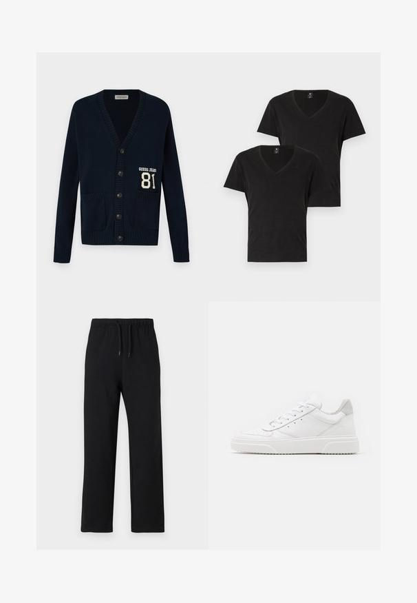 Tengerészkék kardigán V nyakkivágással, bordás mandzsettákkal és szegéllyel, két elülső zsebbel és a bal oldalon található "GUESS JEANS" logóval, amelyen a 81-es szám szerepel.; Két fekete V-nyakú póló, puha pamutból készült. Rövid ujjú és standard méretű. Minimalista dizájn, finom logóval a mellkason.; Jack & Jones JPSTKANE JJCHARGE UNCUFFED - Tréningruha alsók - black; Fehér bőr sportcipő sima felülettel, kerek orral, lapos fűzőkkel és textúrált talppal. Szürke velúr díszítés a saroknál.