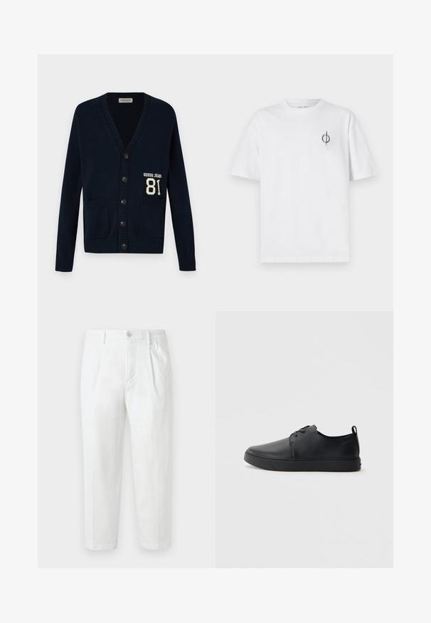 Navy cardigan with a V-neck, ribbed cuffs and hem, featuring two front pockets and a "GUESS JEANS" logo with the number 81 on the left side.; White cotton t-shirt with a relaxed fit, featuring a small black graphic logo on the left chest area. Short sleeves, crew neck style.; White cotton trousers with a straight cut, featuring a button closure, pleated front, and rolled hems. Smooth texture with no visible patterns.; Black leather sneaker with a smooth finish, rounded toe, tonal stitching, lace-up front, and a flat rubber sole. Loop at the heel.