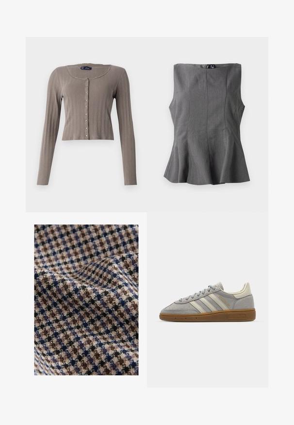 Ilga rankovė, trumpinta kardiganas šviesiai rudos spalvos raukšlėto audinio. Yra apvalus iškirpimas ir mygtukų kišimas su metaliniais akcentais.; Pilkas peplumo topas su struktūruotu, be rankovių dizainu. Pagamintas iš lygaus audinio, turi vertikalias siūles ir tiesų iškirpimą.; Audinys languoto rašto, kuriame dominuoja smėlio, rudos, tamsiai mėlynos ir juodos spalvos, su tekstūruotu paviršiumi. Minkšta ir laisvai krentanti išvaizda.; Pilki zomšiniai sportbačiai su šviesiai pilkomis odinėmis juostelėmis ir guminiu padu. Ypatybės: raištelių uždarymas ir subtilus prekės ženklo logotipas ant liežuvėlio.