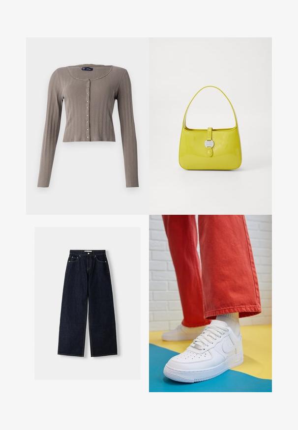 Długi rękaw, krótki kardigan z jasnobrązowej prążkowanej tkaniny. Posiada okrągły dekolt oraz zapięcie na guziki z metalowymi akcentami.; Biała koszulka z krótkim rękawem wykonana z miękkiego materiału. Posiada okrągły dekolt oraz prosty, minimalistyczny design z prostym dołem.; Granatowe dżinsy z szerokimi nogawkami i wysokim stanem, pięć kieszeni, kontrastowe szwy i srebrne metalowe akcesoria. Gładka tekstura i czyste wykończenie.; Białe skórzane sneakersy z perforowanym czubkiem, teksturowaną podeszwą i białymi sznurowadłami, w połączeniu z szerokimi czerwonymi spodniami na niebiesko-żółtym tle.; Żółta torebka z lakierowanej skóry o strukturalnym kształcie, z rękojeścią u góry i zapięciem na zatrzask z okrągłym metalowym akcentem w postaci logo.
