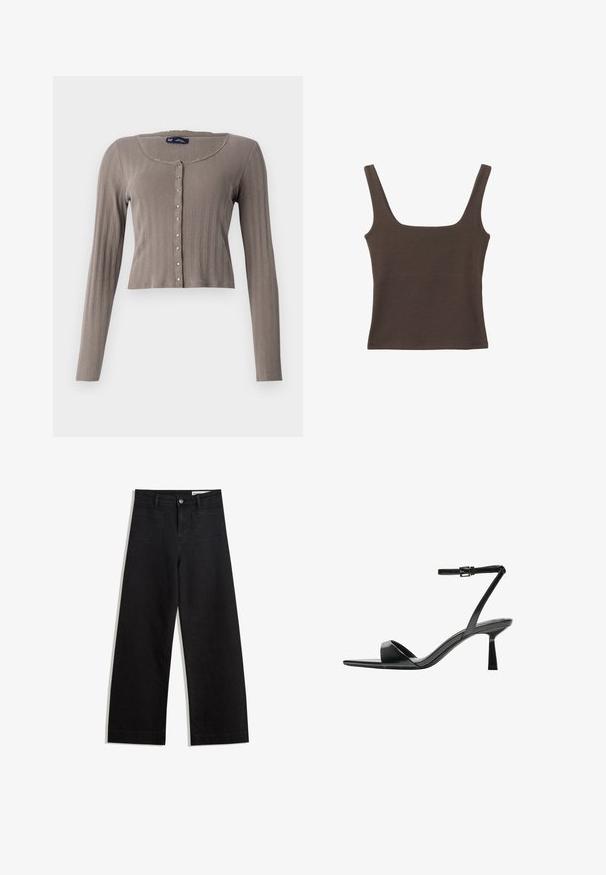Dolgimi rokavi, skrajšan kardigan iz svetlo rjave ribane tkanine. Ima okroglo ovratnico in zapiranje na gumbe z metalnimi detajli.; Rjava brezrokavna majica s kvadratnim izrezom, narejena iz mehkega, elastičnega materiala. Ima oprijet kroj in ravne šive.; Črne široke denim hlače z visokim pasom, ki imajo sprednje in zadnje žepe, šivane šive ter gumbasto zapiranje. Gladka tekstura.; Bershka Sandali z visoko peto - black