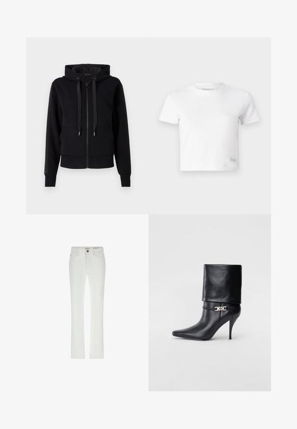 Hanorac negru cu fermoar, realizat dintr-un material moale, având glugă, șnururi și mansete ribbate. Textură netedă cu accente pe panourile laterale.; Tricou alb scurt, realizat din bumbac neted, cu gât înalt și mâneci scurte. Logo mic brodat în colțul de jos.; Jeans albe cu o croială slim, design cu cinci buzunare și cusături contrastante. Include un închidere cu nasture și un eticheta discretă a brandului la talie.; Botine negre din piele, cu vârf ascuțit, toc înalt și subțire, cu manșetă pliată și un detaliu decorativ cu cataramă aurie la gleznă.