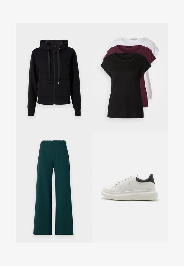 Zwarte ritsophaaltruien gemaakt van zachte stof, met een capuchon, trekkoorden en geribde manchetten. Gladde textuur met zijpaneelaccenten.; Drie T-shirts: één zwart, één bordeauxrood, één wit. Elk heeft een ronde hals, korte mouwen en een zachte katoenen textuur. Labels zichtbaar.; Brede broekspijpen in een donkergroene stof. Heeft een hoge taille, voorplooien en riemlussen. Soepele textuur en op maat gemaakt ontwerp.; Witte sneaker met een gestructureerde leren bovenkant, ronde neus, contrasterende zwarte hieltab en een dikke, gevoerde zool. Beschikt over vijf oogjes.