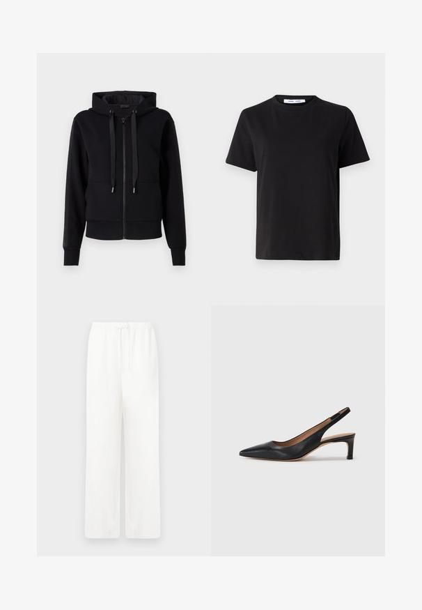 Black zip-up hoodie made of soft fabric, featuring a hood, drawstrings, and ribbed cuffs. Smooth texture with side panel accents.; Black short-sleeve t-shirt made of soft cotton, featuring a round neckline, relaxed fit, and a smooth texture. No visible patterns or graphics.; White, wide-leg pants made of lightweight fabric with an elastic waistband and tie closure. Smooth texture, no visible patterns or hardware.; Black leather slingback pump with a pointed toe, low heel, and a smooth texture. Features a thin adjustable strap for a secure fit.