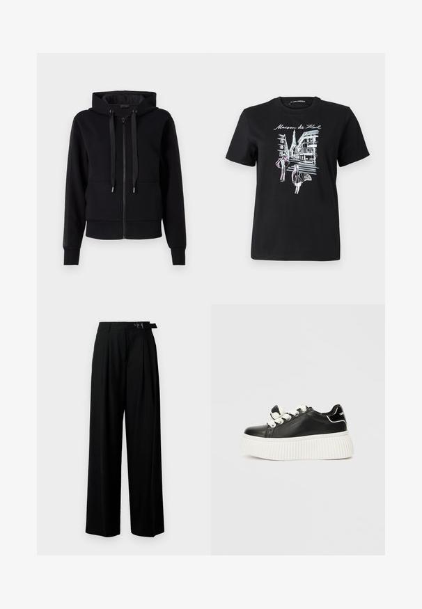 Moleton preto com fecho, feito de tecido macio, apresentando um capuz, cordões e punhos canelados. Textura suave com detalhes em painéis laterais.; T-shirt de algodão preto com um design gráfico das ruas de Paris com uma torre, acentuado com arte linear em rosa e branco. Gola em corte redondo.; Calças largas pretas de cintura alta, com pregas à frente e um cinto com fivela. Feitas de um tecido liso e leve.; Sapatilha de couro preto com uma sola grossa branca e canelada, apresentando atacadores brancos e um detalhe de laço decorativo na lingueta.