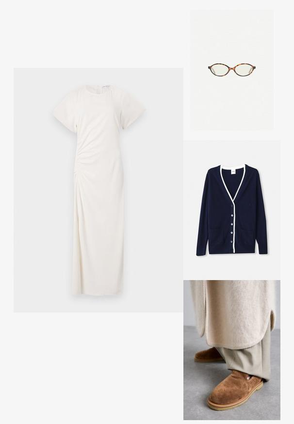 Mornarska jopica iz mehkega materiala, z V-izrezom, belim obrobljanjem, petimi gumbi in dvema sprednjima žepoma. Klasična zasnova s subtilnimi detajli.; Bela obleka s kratkimi rokavi, okroglim izrezom in turističnimi detajli; gladka tkanina z dolžino do tal.; Rjave semiš copate z zaobljenim nosom, gumijastim podplatom in stranskimi izrezi, v kombinaciji s svetlo bež krojenimi hlačami.; Kornjačaste očala z ovalnimi lečami in gladko, sijočo površino. Imajo tanke stranice z rahlim ovinkom na templjih. Prosojne leče.