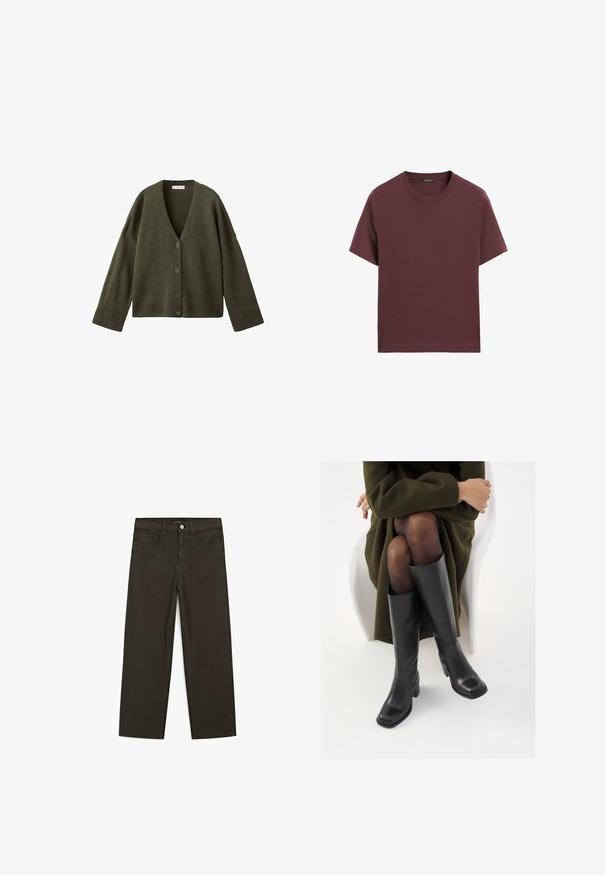 Zielona oliwkowa kardigan z dzianiny z dekoltem w serek, zapinany na pięć guzików, z szerokimi ściągaczami przy mankietach i na dolnej krawędzi. Miękka faktura i luźny krój.; Czerwono-bordowa koszulka z krótkim rękawem z miękkiej bawełny. Okrągły dekolt, prosty krój i gładka faktura bez wzorów czy widocznych elementów metalowych.; Ciemnozielone spodnie dżinsowe typu wide-leg wykonane z mieszanki bawełny, z zamkiem na guzik z przodu, pięcioma kieszeniami i klasycznym przeszyciem dżinsowym.; Kozaki skórzane do kolan w kolorze czarnym, z kwadratowym noskiem i słupkowym obcasem, pokazane na modelce siedzącej w oliwkowej zielonej kurtce. Gładka tekstura, minimalne detale.
