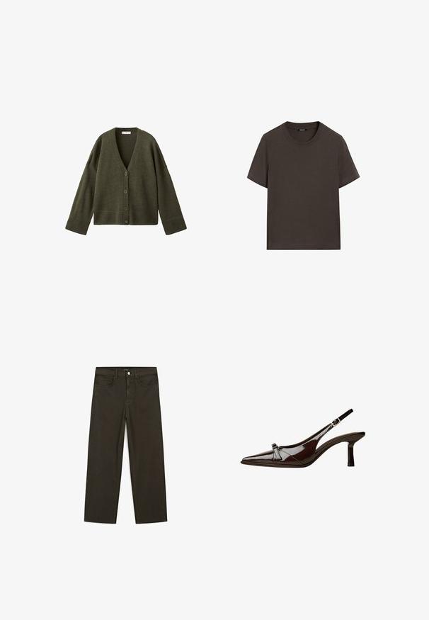 Olivově zelený pletený kardigan s výstřihem do V, pěticípým zapínáním a širokými ribovými manžetami a lemem. Měkká textura a uvolněný střih.; Tmavě hnědé tričko s krátkým rukávem vyrobené z bavlny. Má kulatý výstřih a volný střih, bez viditelných vzorů nebo akcentů.; Tmavě zelené široké džínsy vyrobené z bavlněné směsi, s předním zapínáním na knoflík, pěti kapsami a klasickým denimovým stehem.; Hnědé lakované sandály s špičatou špičkou, nízkým podpatkem a dekorativní mašlí na přední části. Hladký, lesklý povrch.