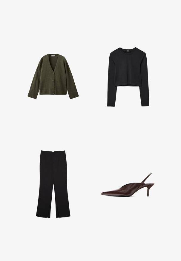 Olivově zelený pletený kardigan s výstřihem do V, pěticípým zapínáním a širokými ribovými manžetami a lemem. Měkká textura a uvolněný střih.; Černý dlouhý rukáv cropped top s kulatým výstřihem, jednoduchý design a mírně zaoblený lem.; Černé kalhoty s rovným střihem, s předními kapsami a bočními rozparky na lemu. Vyrobené z jemné, hladké tkaniny. Vhodné na různé příležitosti.; Hnědý kožený pump s otevřenou patou, špičatou špičkou, nízkým podpatkem a strukturovaným povrchem. Má tenký pásek a hladkou vnitřní podšívku.