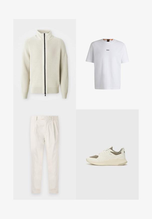 Light beige sweater with a high collar, ribbed texture, full zipper closure, and contrasting black zipper. Features knit sleeves and hem.; White cotton T-shirt with short sleeves, featuring a black "BOSS" logo centered on the chest and a round neck design.; White, pleated trousers with a tailored fit, featuring a smooth texture, belt loops, and tapered legs. No visible pockets or patterns.; White and light beige athletic sneaker, featuring a mesh upper, perforated detailing, and a textured midsole with branding on the heel.