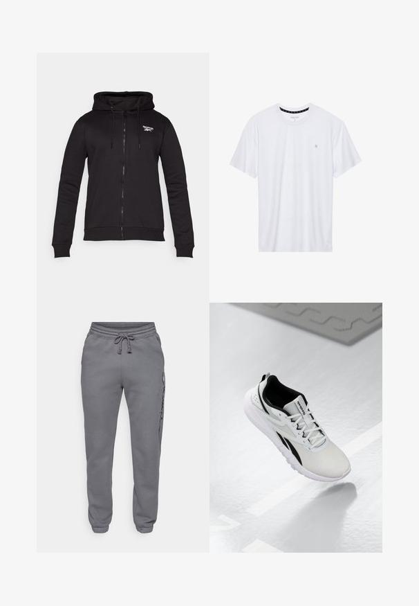 Juodas užtrauktukas megztinis, pagamintas iš minkštos medžiagos, su užtraukiama kapuce ir fiksuotomis rankovėmis. Išskirtinis Reebok logotipas kairėje krūtinės pusėje.; Balta apvalios kaklo marškinėliai, pagaminti iš medvilnės, su trumpomis rankovėmis ir mažuoju logotipu, išsiuvinėtu kairėje krūtinės pusėje. Minkštas audinys.; Champion ICONS TONAL CUFF LARGE LOGO - Treningo apatinė dalis - foggy; Šviesiai pilki sportiniai batai su juodais akcentais, tekstūruota tinklinė viršutinė dalis, paminkštintas padas ir raišteliais užsegamas užsegimas. Yra kulno traukimo kilpelė.