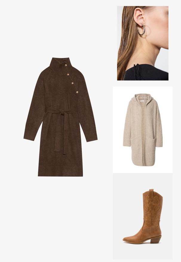 Beige long hooded cardigan with open front and two large front pockets, made of soft textured knit fabric.; Brown knitted sweater dress with a high ribbed collar, side buttons, and a matching fabric belt. Ribbed cuffs and hem add texture.; Tan leather cowboy boot with pointed toe, embroidered swirl patterns on shaft, and a stacked block heel. Features a pull tab for easy wear.; Silver hoop earring with a polished finish, featuring small gold accent details and a round shape, worn on the lobe.