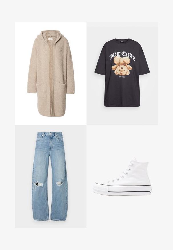 Beige long hooded cardigan with open front and two large front pockets, made of soft textured knit fabric.; Black oversized t-shirt featuring a graphic of a bear with the text “NOT CUTE BUT WILD” in bold, white lettering. Cotton material.; Light blue, high-waisted jeans made of denim. Feature wide legs, two torn knee areas, and classic five-pocket styling.; White high-top canvas sneaker with black rubber sole, front rubber toe cap, and six eyelets for laces, featuring a clean, minimalist design.