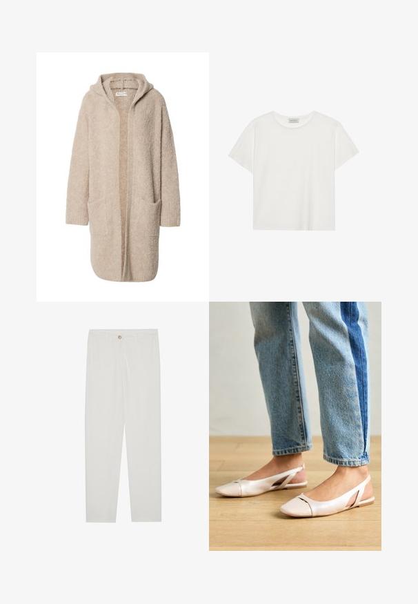 Cardigan lung bej cu glugă, cu deschidere frontală și două buzunare mari în față, realizat dintr-un material tricotat moale și texturat.; Tricou alb cu mânecă scurtă, made din bumbac moale. Are un guler rotund și o croială lejeră. Design curat, fără modele sau accente vizibile.; Pantaloni albi, croiți, cu un design drept al piciorului, având sistem de închidere cu nasture, bucle pentru curea și buzunare laterale; textură de țesătură netedă.; Sandalete plate de un roz pal cu vârf ascuțit, realizate dintr-un material asemănător pielii, neted. Prezintă detalii decupate pe laterale și un toc plat.