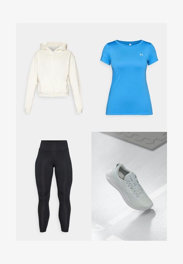 Hoodie zíper crème, com capuz, ombros caídos, bolsos frontais tipo canguru e punhos e barra canelados. Tecido macio e texturizado.; Camisola atlética azul de mangas curtas com gola redonda e pequeno logótipo branco da Under Armour no peito.; Leggings pretos de cintura alta e comprimento total, com tecido suave e detalhes de costura visíveis na frente e na cintura.; Sapatilha de desporto cinza claro com uma parte superior em malha texturizada, design com atacadores, sola acolchoada e detalhe de marcação mínima.