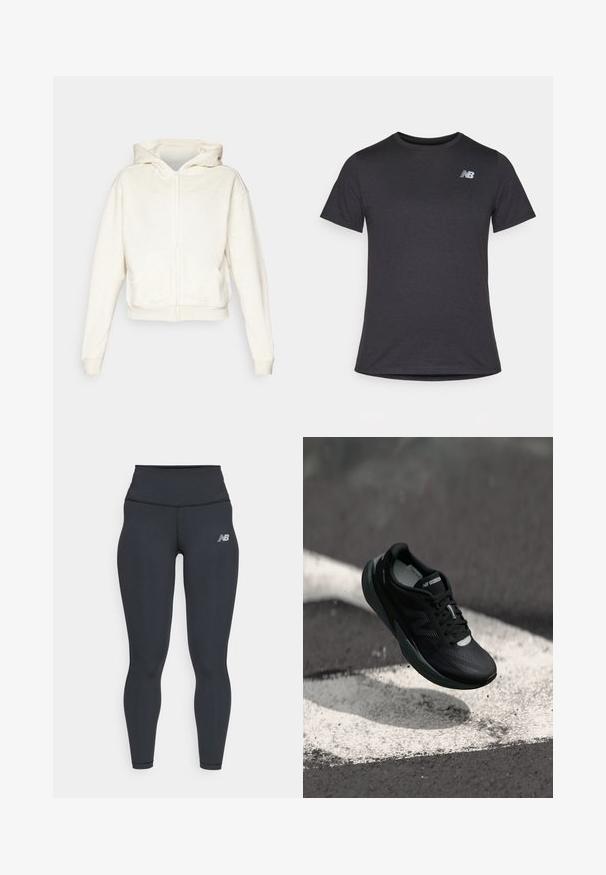 Kremfarget zip-up hettegenser med hette, senkede skuldre, frontlommer i kenguru-stil, og ribbestrikkede mansjetter og hem. Myk, strukturert stoff.; Svart kortermet t-skjorte laget av myk stoff, med en liten grå New Balance-logo på øvre venstre bryst, klassisk rund hals design.; Sorte treningsbukser med høy midje, med en jevn tekstur og en liten hvit New Balance-logo på låret.; Svart løpesko med teksturert overdel, slank design og reflekterende detaljer. Har en myk, polstret såle for komfort.