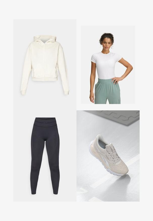 Cream-colored zip-up hoodie with a hood, drop shoulders, front kangaroo pockets, and ribbed cuffs and hem. Soft, textured fabric.; White fitted t-shirt with short sleeves, paired with light green elastic waistband pants. Smooth texture, minimalist design, and no visible patterns.; Black leggings with a high elastic waistband featuring "UNDER ARMOUR" text. Smooth texture with subtle pattern accents along the legs.; Light beige athletic shoe with a perforated upper, textured accents, padded collar, and white rubber sole, designed for comfort and breathability.