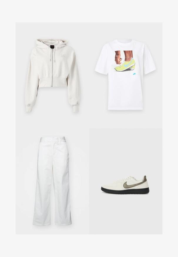 Kratka kapuca v svetlo bež barvi. Mehek material, sprednji zadrga, rebrasti manšeti, izvezen logo na zgornji levi prsni strani.; Bela bombažna majica s potiskom nog v rumenih Nike kopačkah z modrimi dodatki, dopolnjena z zapestnico na levi roki.; Bele hlače širokega kroja iz bombaža, z gladko teksturo, pravim fitom, sprednjimi žepi in čistim robom.; Nike Sportswear FIELD GENERAL - Športni copati - off-white/black