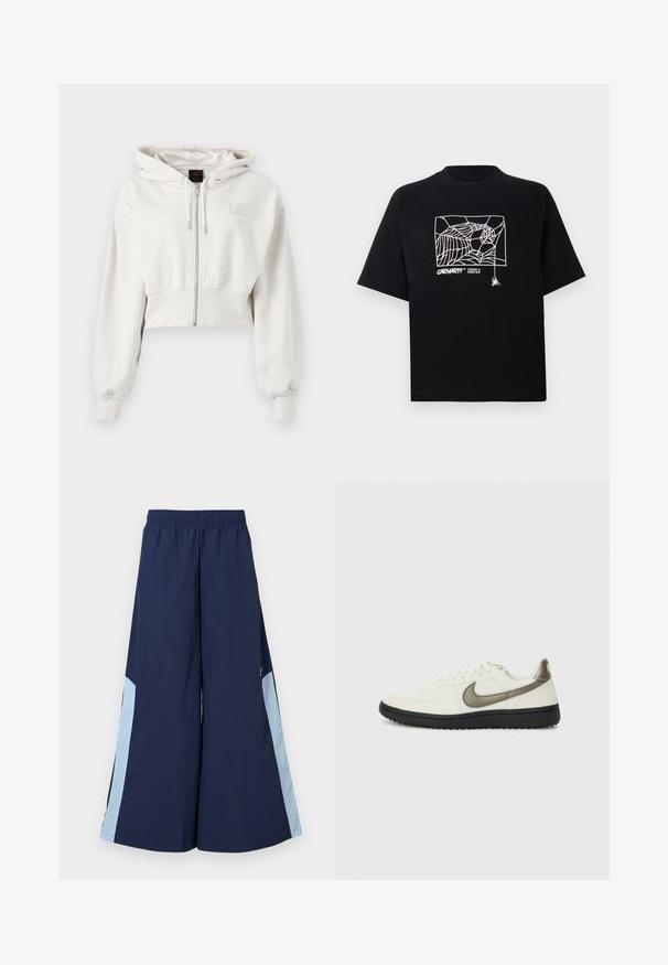 Sweatshirt à capuche coupé en beige clair. Tissu doux, zipper à l'avant, poignets côtelés, logo brodé sur le côté gauche de la poitrine.; T-shirt noir en coton à manches courtes. Présente un graphisme de toile d'araignée blanche et un logo à l'avant. Encolure ronde simple.; Pantalons larges navy avec une taille élastique, dotés de panneaux latéraux bleu clair et d'une texture lisse. Conçus pour le confort et la liberté de mouvement.; Nike Sportswear FIELD GENERAL - Baskets basses - off-white/black