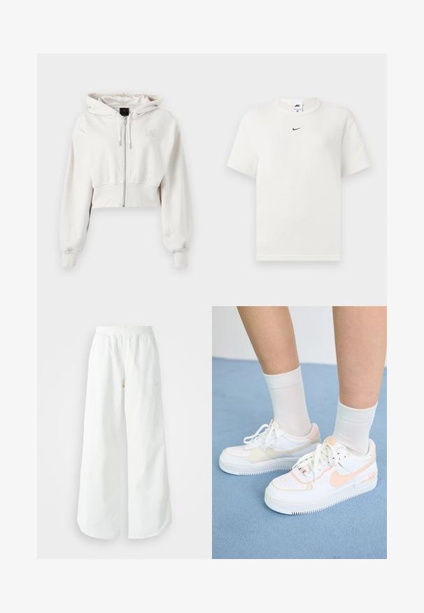 Sweatshirt à capuche coupé en beige clair. Tissu doux, zipper à l'avant, poignets côtelés, logo brodé sur le côté gauche de la poitrine.; T-shirt blanc à côtes avec un col rond et des manches courtes. Présente un petit logo Nike noir sur la poitrine. Tissu texturé avec une coupe ajustée.; Pantalons de sport larges blancs avec une taille côtelée et un discret logo. Tissu lisse avec une coupe décontractée et un bas effilé.; Baskets blanches avec des accents pêche, tige en cuir lisse, bout perforé, semelle texturée et lacets. Portées avec des chaussettes blanches à mi-mollet sur une surface bleue.