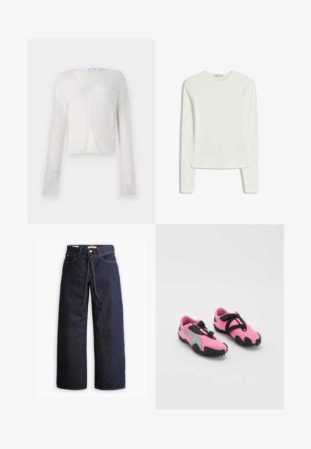 Lätt, krämfärgad cardigan i ett ribbat stickat mönster. Har V-ringning, långa ärmar och fem knappar fram.; Vit långärmad topp gjord av mjukt, slätt tyg. Har rund halsringning och smal passform med minimala sömnadsdetaljer.; Brettbeniga mörkblå denimjeans med hög midja, utrustade med snörning, fem fickor och kontrasterande sömmar.; Rosa träningsskor med en texturerad tygövre, grå detaljer och en gummisula med spikar för bra grepp. Svarta remmar säkrar passformen.