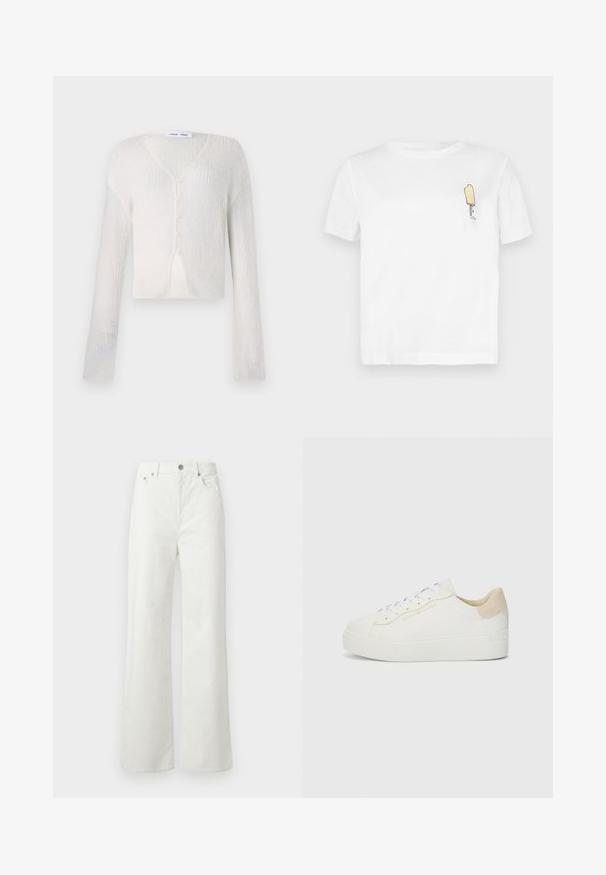 Lightweight, cream-colored cardigan in a ribbed knit pattern. Features a V-neck, long sleeves, and five buttons down the front.; White cotton t-shirt with short sleeves featuring a minimalist, embroidered yellow popsicle graphic on the left chest area.; Samsøe Samsøe SHELLY - Relaxed fit jeans - clear cream; White sneaker made of leather with a textured beige suede heel. Features flat white laces and subtle gold branding on the side.