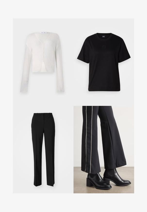 Cardigan ușor, de culoare crem, cu un model tricotat în dungi. Prezintă un gât în V, mâneci lungi și cinci butoane pe față.; T-shirt negru din bumbac, cu guler rotund, mâneci scurte și un logo brodat pe piept. Design simplu, cu o croială relaxată și fără modele.; Pantaloni negri tailor-ed cu un design drept, având o textură fină și cute clare pe față. Fără elemente de prindere vizibile.; Bocanci de piele negri până la gleznă, cu toc pătrat, având panouri elastice pe laterale. Asortați cu pantaloni negri care au o dungi albă pe lateral.